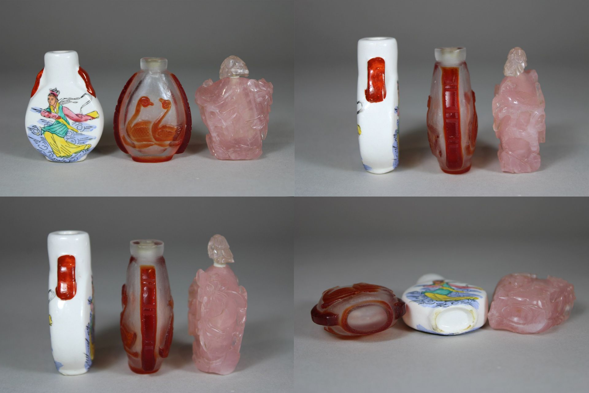 Sechs Snuff Bottles, China, 1 rosa Kristall-Schnitzerei mit einem Vogel und Blumen, Deckel defekt,  - Bild 2 aus 3