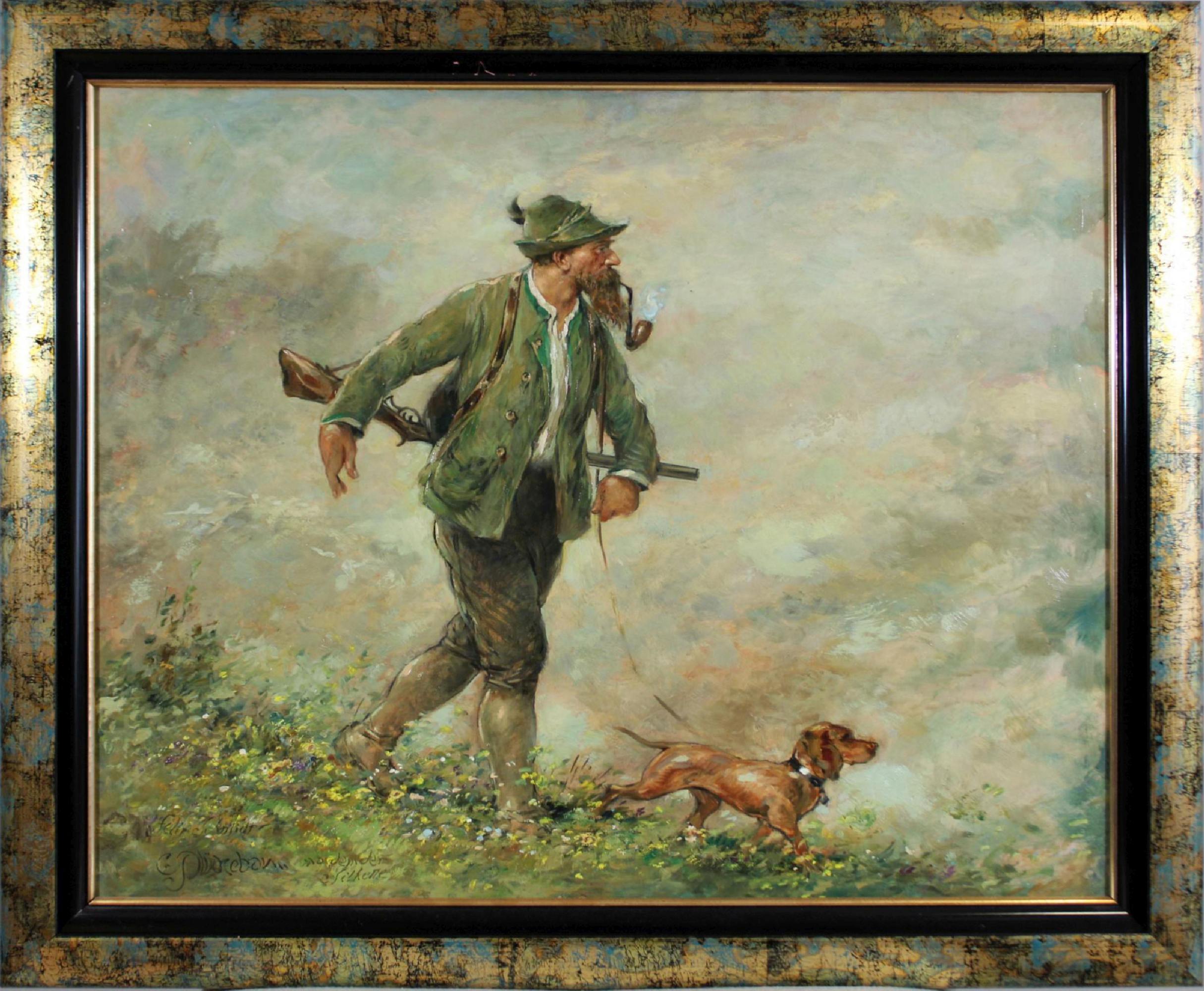 Carl Plückebaum (deutsch, 1880 – 1951), Jäger mit Dackel, Öl auf Hartfaserplatte, unten links signi - Bild 2 aus 5