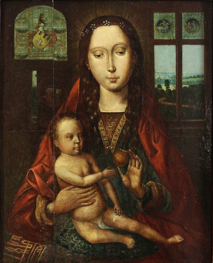 Antike Kopie nach Hans Memling (deutsch, 1430 - 1494), Madonna mit Kind, Öl auf Holz, unsigniert, L