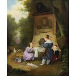 Unbekannter Künstler, Spielende Kinder am Brunnen, um 1825, Öl auf Leinwand, unsigniert, Lichtmaß: