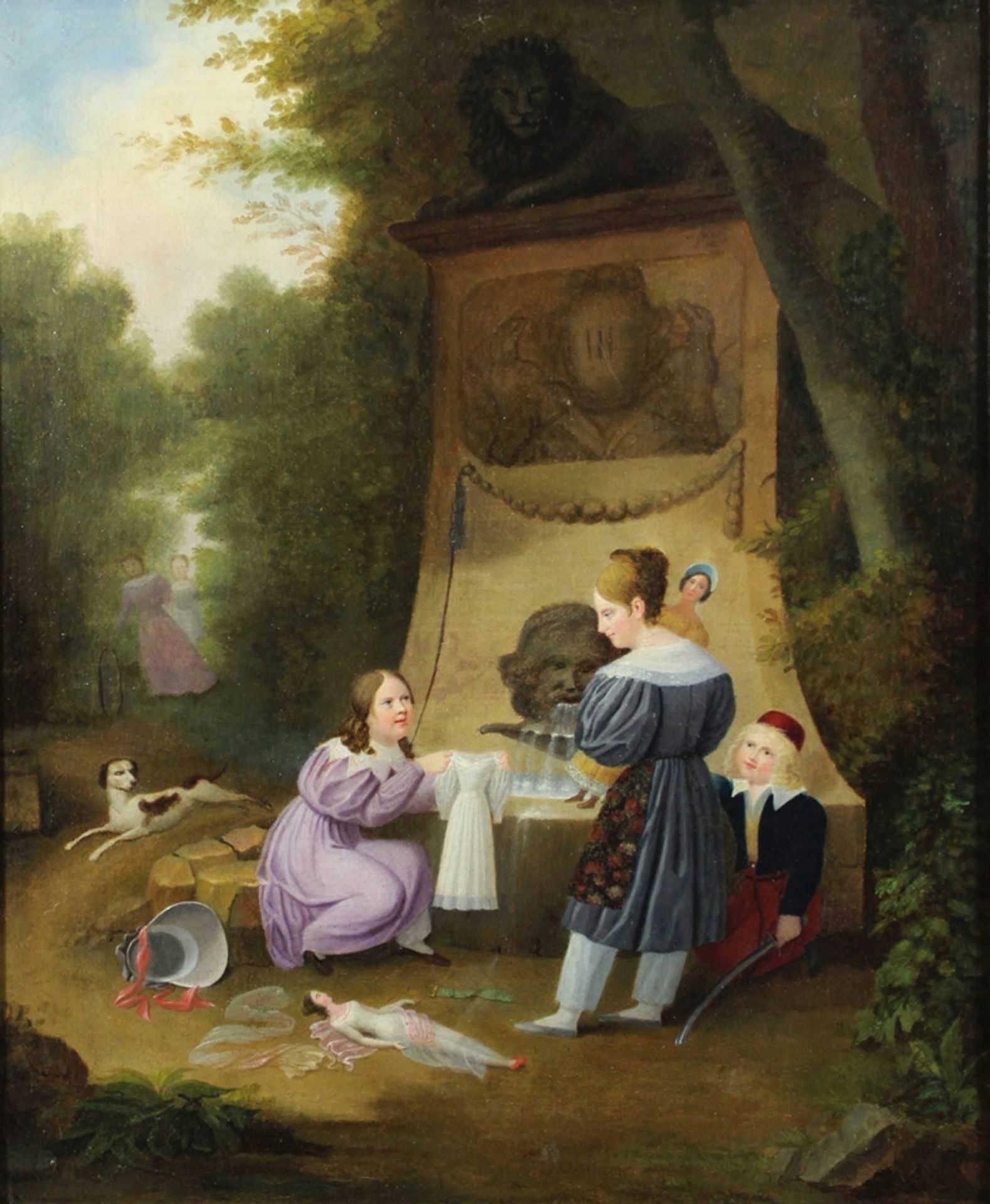Unbekannter Künstler, Spielende Kinder am Brunnen, um 1825, Öl auf Leinwand, unsigniert, Lichtmaß: