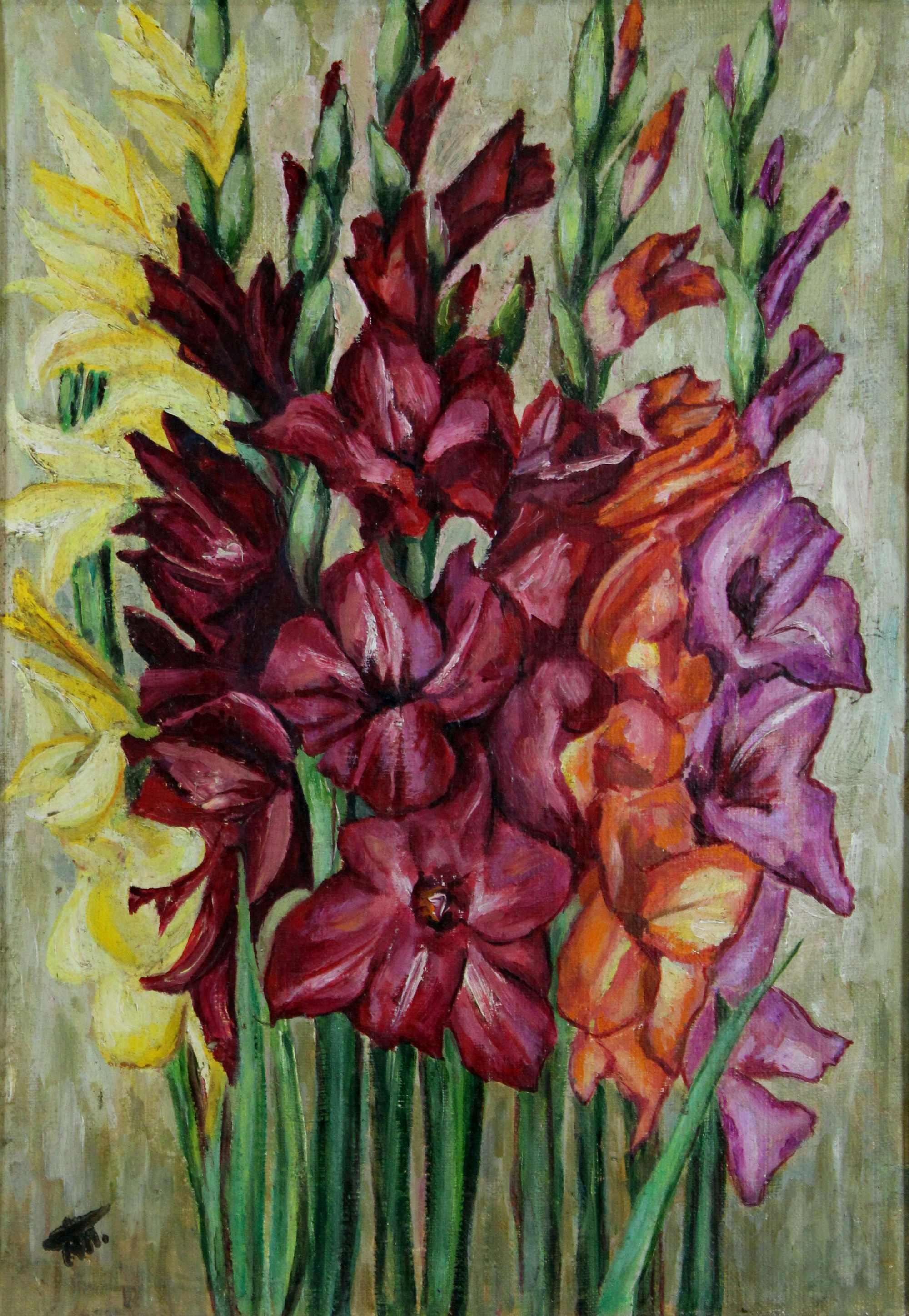 A.V. Panfilov (russisch), Gladiolenstrauss, 1988, Öl auf Leinwand, auf Holz aufgezogen, unten links