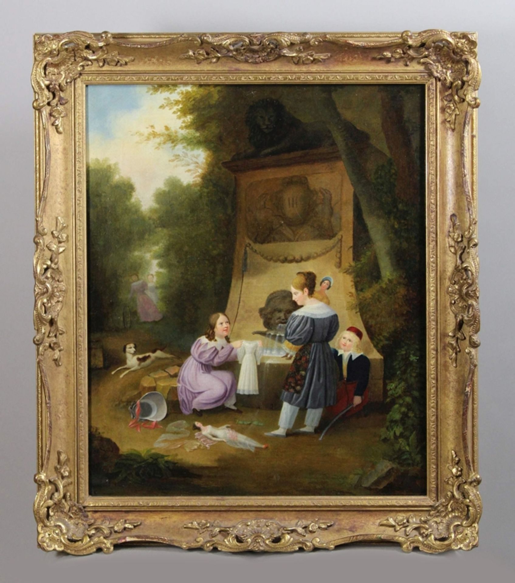 Unbekannter Künstler, Spielende Kinder am Brunnen, um 1825, Öl auf Leinwand, unsigniert, Lichtmaß: - Bild 2 aus 3