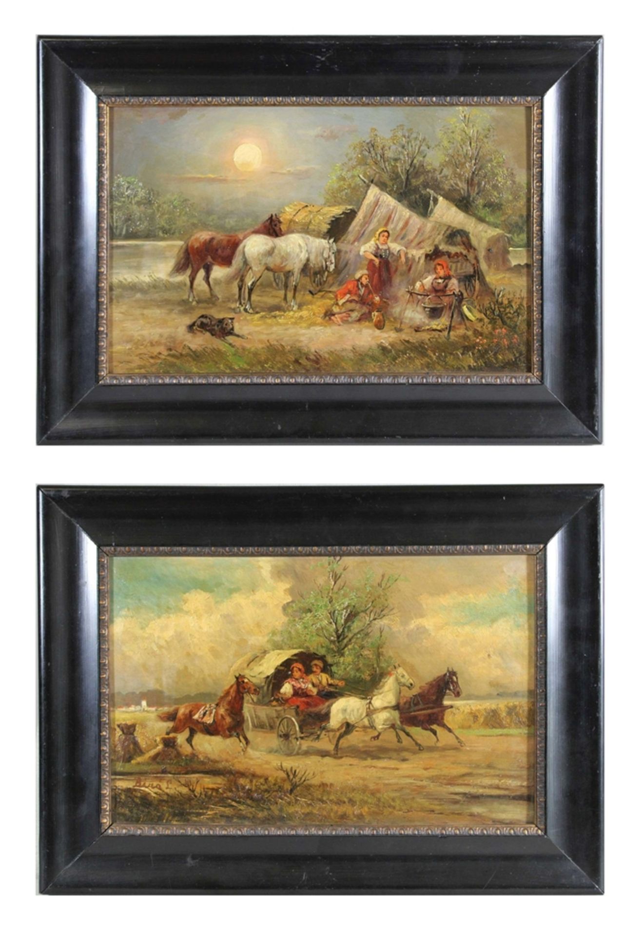 L. Bira, Paar Gemälde, Zigeunerlager, Öl auf Holz, unten signiert, Lichtmaß: ca. 19 x 30 cm, Rahmen