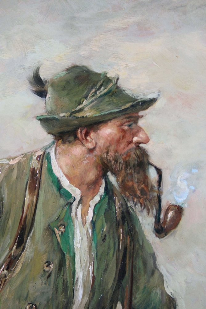 Carl Plückebaum (deutsch, 1880 – 1951), Jäger mit Dackel, Öl auf Hartfaserplatte, unten links signi - Bild 3 aus 5