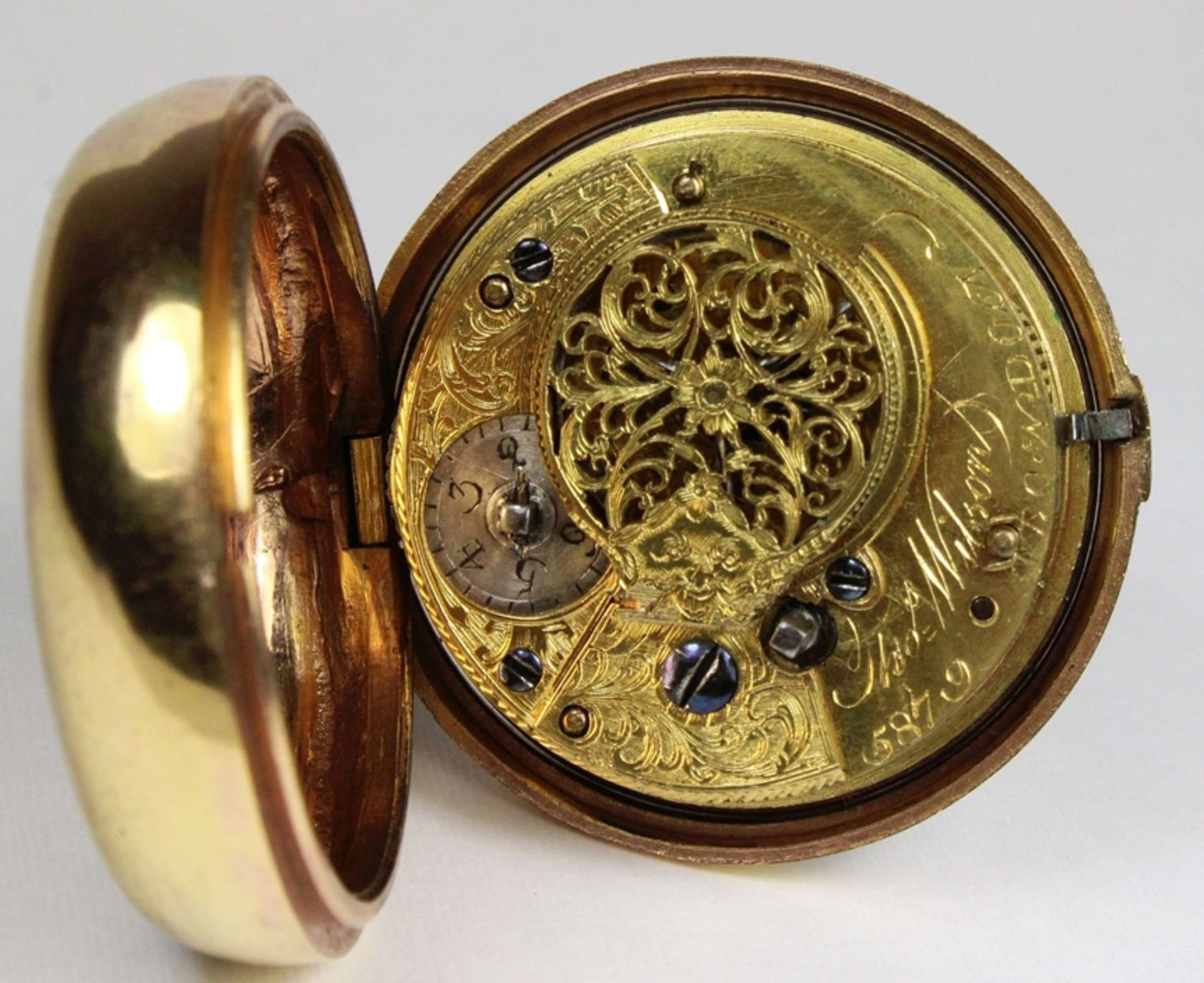 Vergoldete Spindeltaschenuhr mit bemalter Horngehäuse, um 1800-1820, Uhrmacher: Thomas Wilson, Lon - Bild 3 aus 4