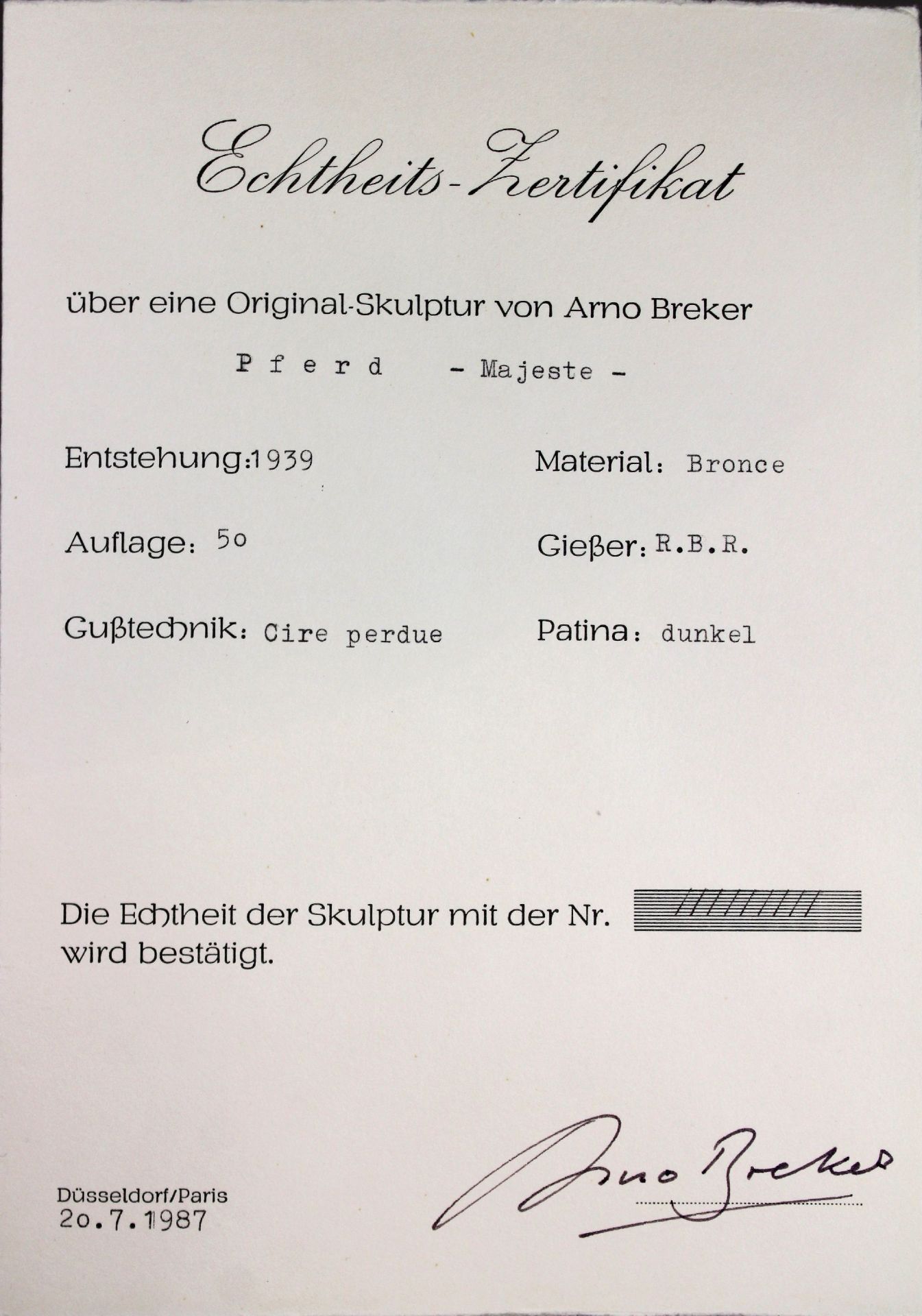 Arno Breker (deutsch, 1900 - 1991), Pferd, 1939, Bronze, dunkel patiniert, signiert, Auflage: 50, G - Bild 4 aus 4