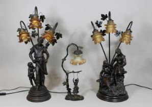 Drei Bronze Lampen, Frankreich, Jugendstil, 19. Jh., Guss und Glas, Blütenfassung, Dame auf bezeich