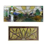 Paar Bleiverglaste Scheiben, Landschaft und Blumendekor, Maße: 75 x 182 cm, 55,5 x 117 cm. Altersge