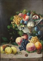 Monogrammist, Stillleben mit Früchten und Vögeln, 1853, Öl auf Papier, auf Karton, unten rechts mon