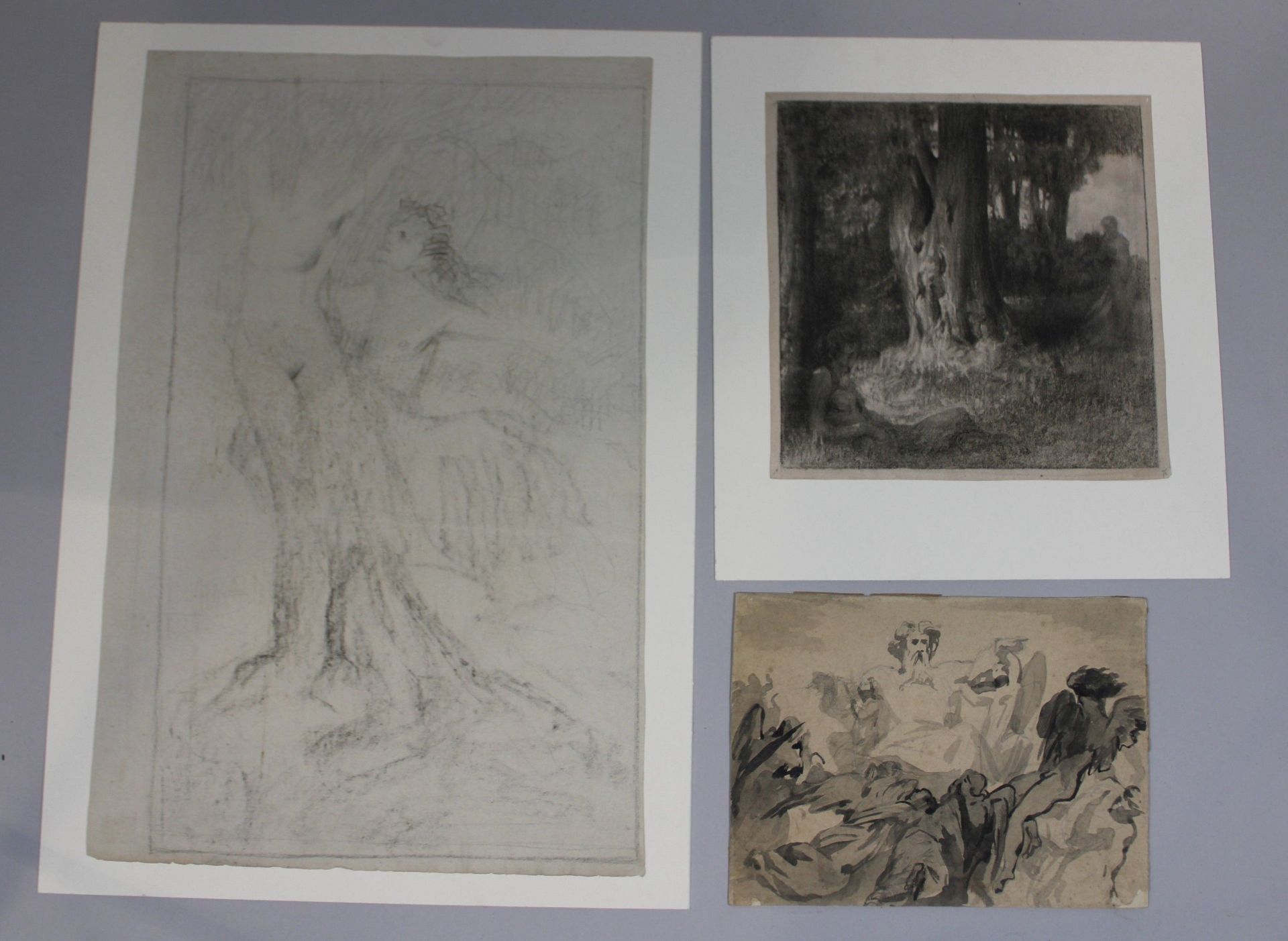 Unbekannter Künstler, Drei Zeichnungen, Mythologische Szenen, Maße: 22 x 30 cm, 30 x 30 cm, 39 x 60