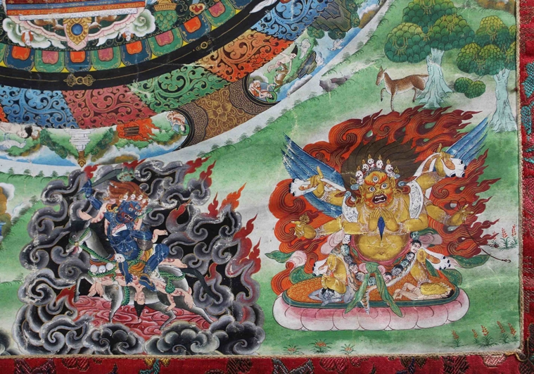 Mandala-Thangka, Tibet/Nepal, 20. Jh., in Brokateinfassung, mit Vorhang, verso signiert, Bildmaße: - Image 6 of 7