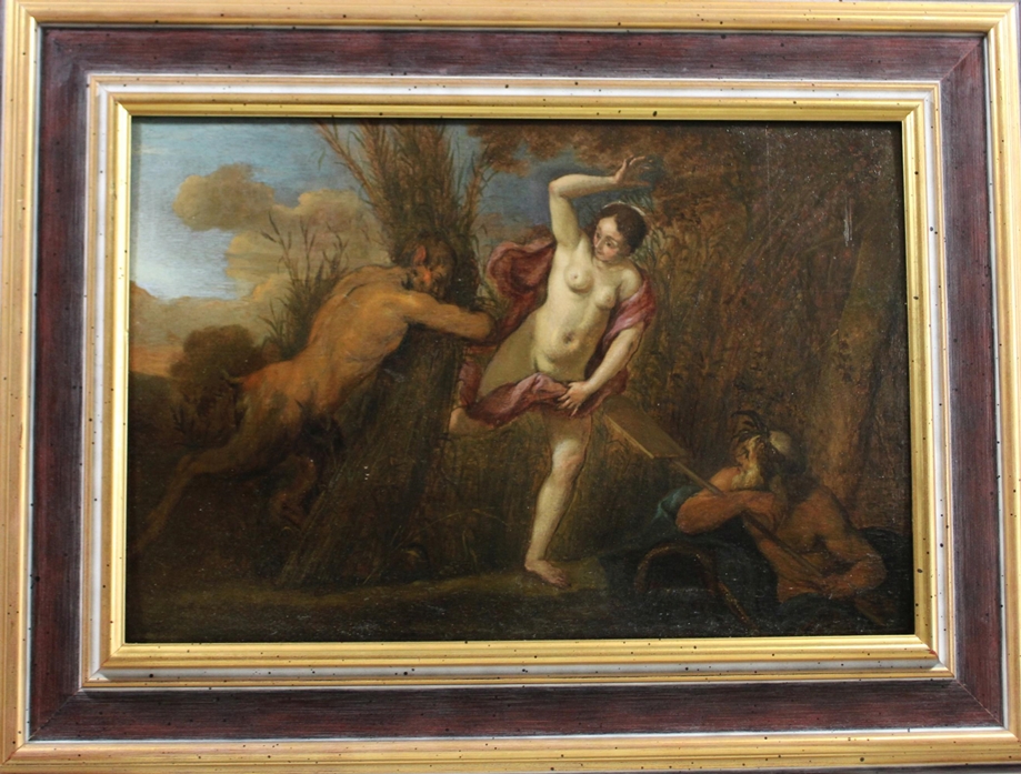 Unbekannter Künstler, Pan und Syrinx, 17. Jh., Öl auf Holz, unsigniert, Lichtmaß: 31 x 46 cm, Rahme - Image 2 of 2