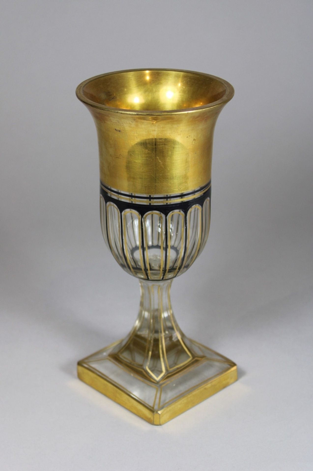 Pokal, Glas, Glasschule Haida, Steinschönau, um 19. Jh., Schwarzlotmalerei und Goldstaffage, Entwur
