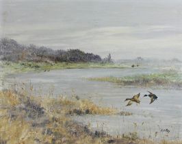 Carl Otto Fey (deutsch, 1867 - 1939), Fliegende Enten, Öl auf Holz, unten rechts signiert, Lichtmaß