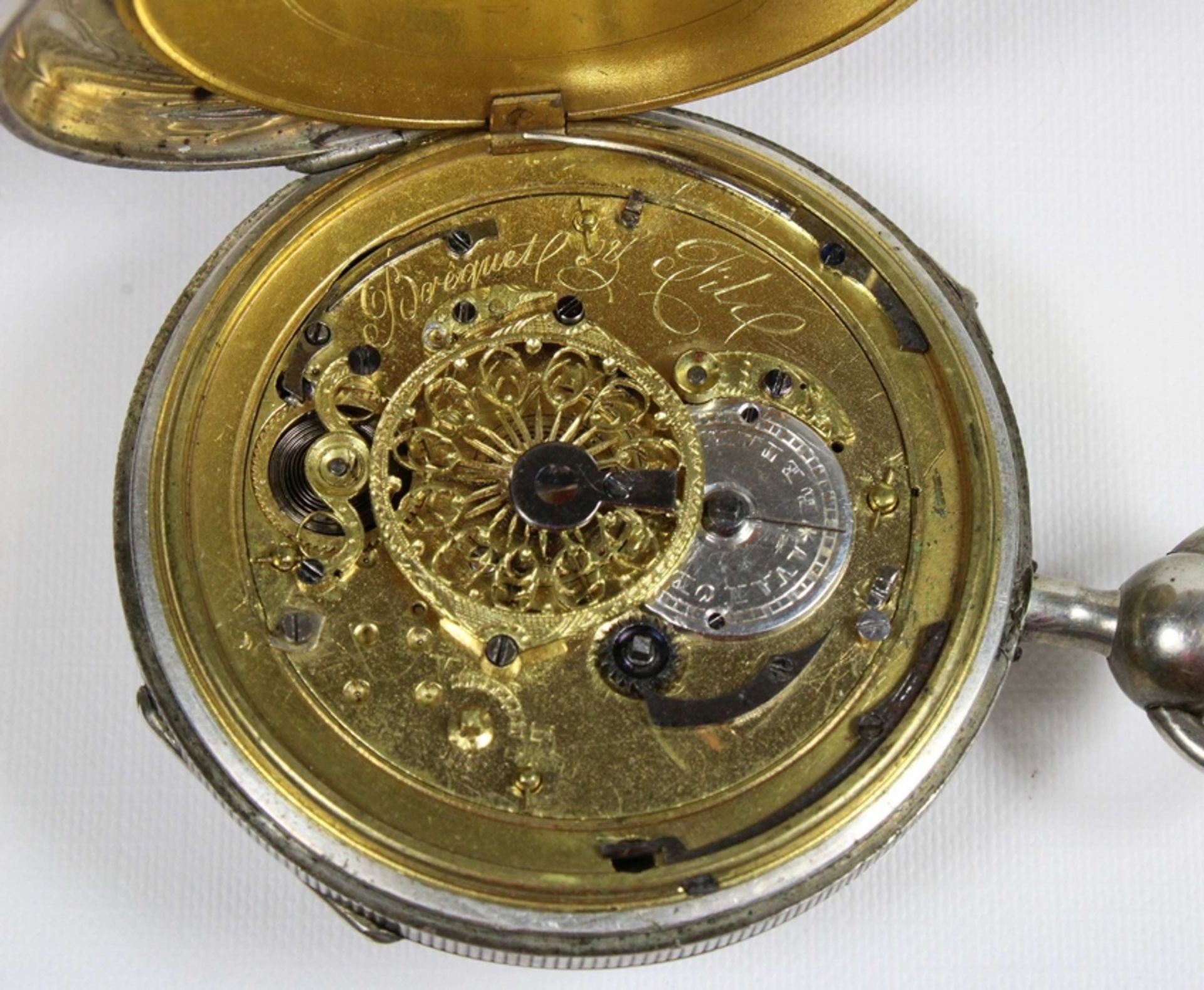 Breguet et fils Schlüsseluhr, 19. Jh., Silber, aufwendig ziseliert und verziert, Uhrwerk bez. Bregu - Image 3 of 5