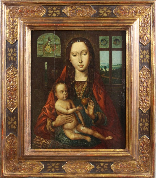 Antike Kopie nach Hans Memling (deutsch, 1430 - 1494), Madonna mit Kind, Öl auf Holz, unsigniert, L - Image 2 of 4