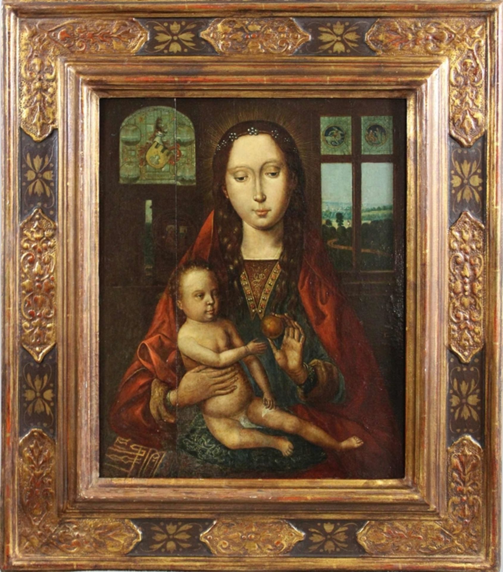 Antike Kopie nach Hans Memling (deutsch, 1430 - 1494), Madonna mit Kind, Öl auf Holz, unsigniert, L - Bild 2 aus 4