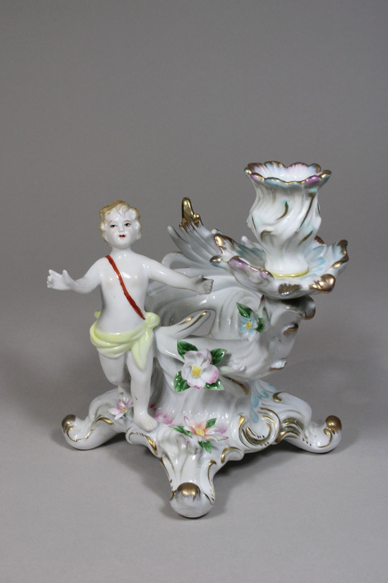 Kerzenhalter Paar, Porzellan, Meissen, 19. Jh., polychrom bemalt, Golddekor, H.: 18 cm. Guter, alte - Bild 3 aus 5