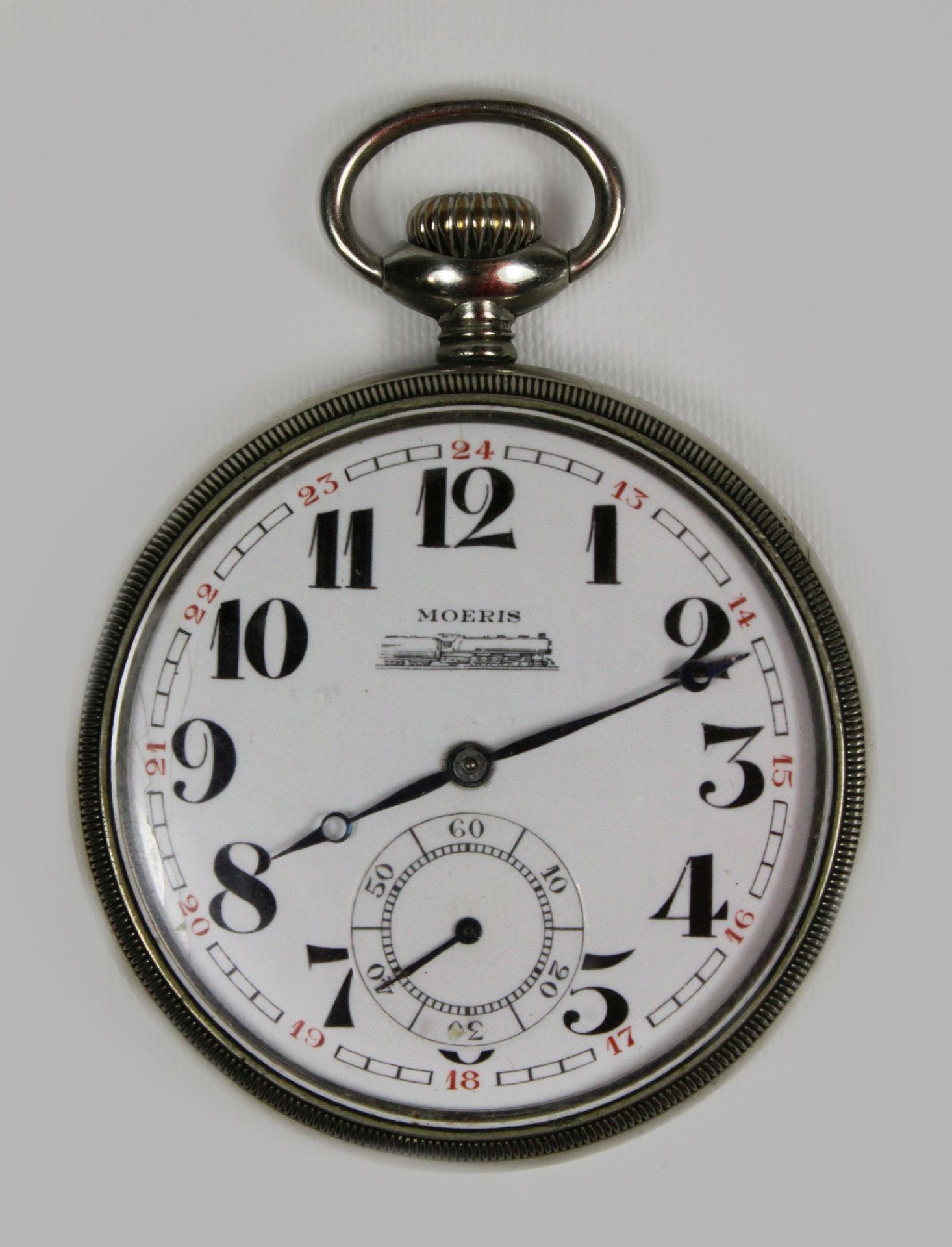Moeris Eisenbahneruhr, um 1900, Schweiz, Nickelgehäuse. Guter Zustand, Uhr läuft.
