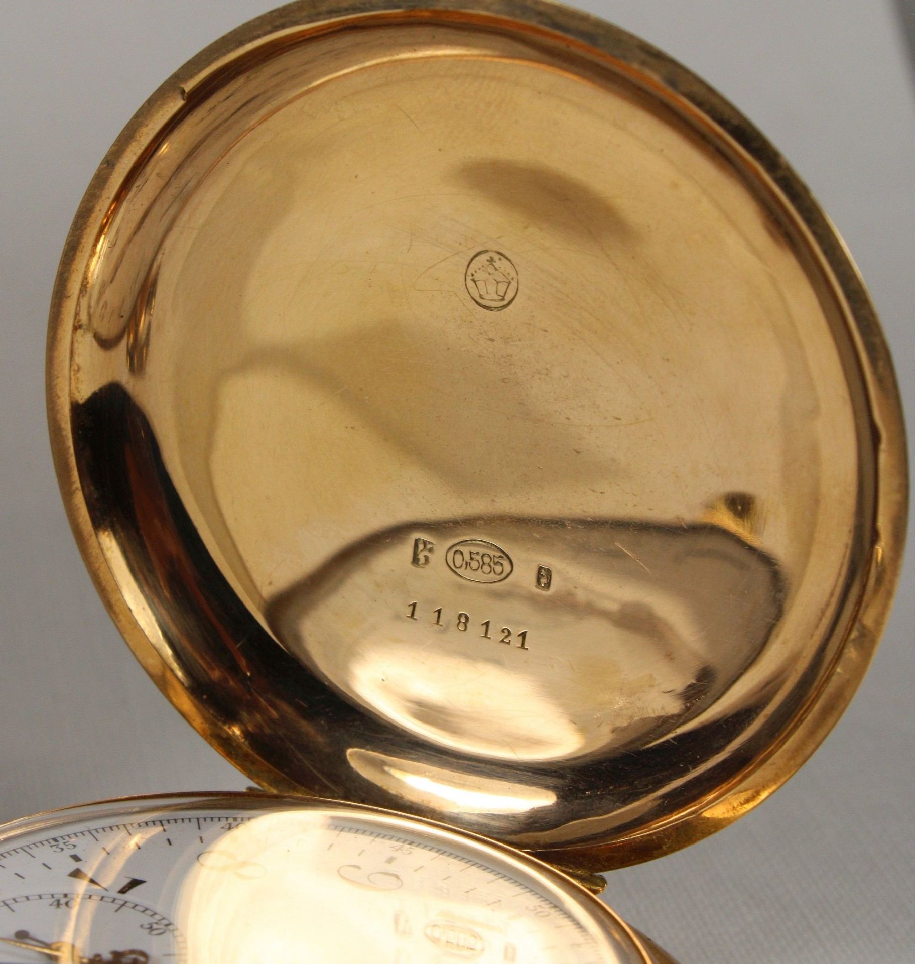 Chronograph mit Repetition, um 1896, 585er Gold, Reichsgoldstempel, Modellnummer: 118121, Gewicht: - Bild 6 aus 6
