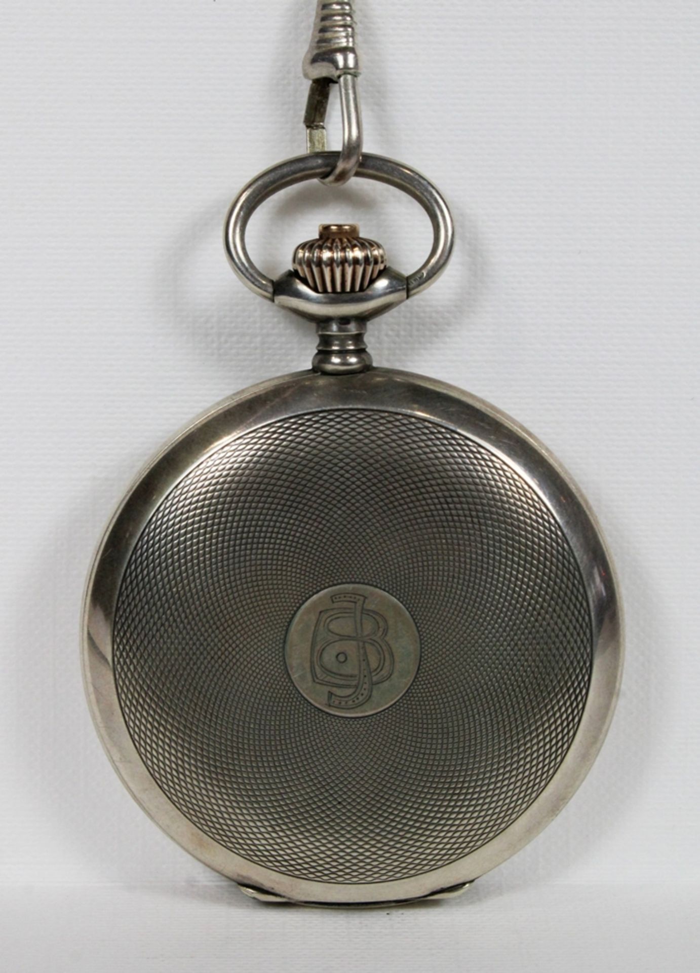 IWC Herrentaschenuhr, 1914, 800er Silber, Punze: Halbmond und Krone, mit silberner Uhrenkette, Mode - Bild 2 aus 5
