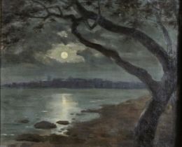 Willibald Leo Freiherr von Lütgendorff-Leinburg (deutsch, 1856-1937), Vollmond über Stadt am Seeufe