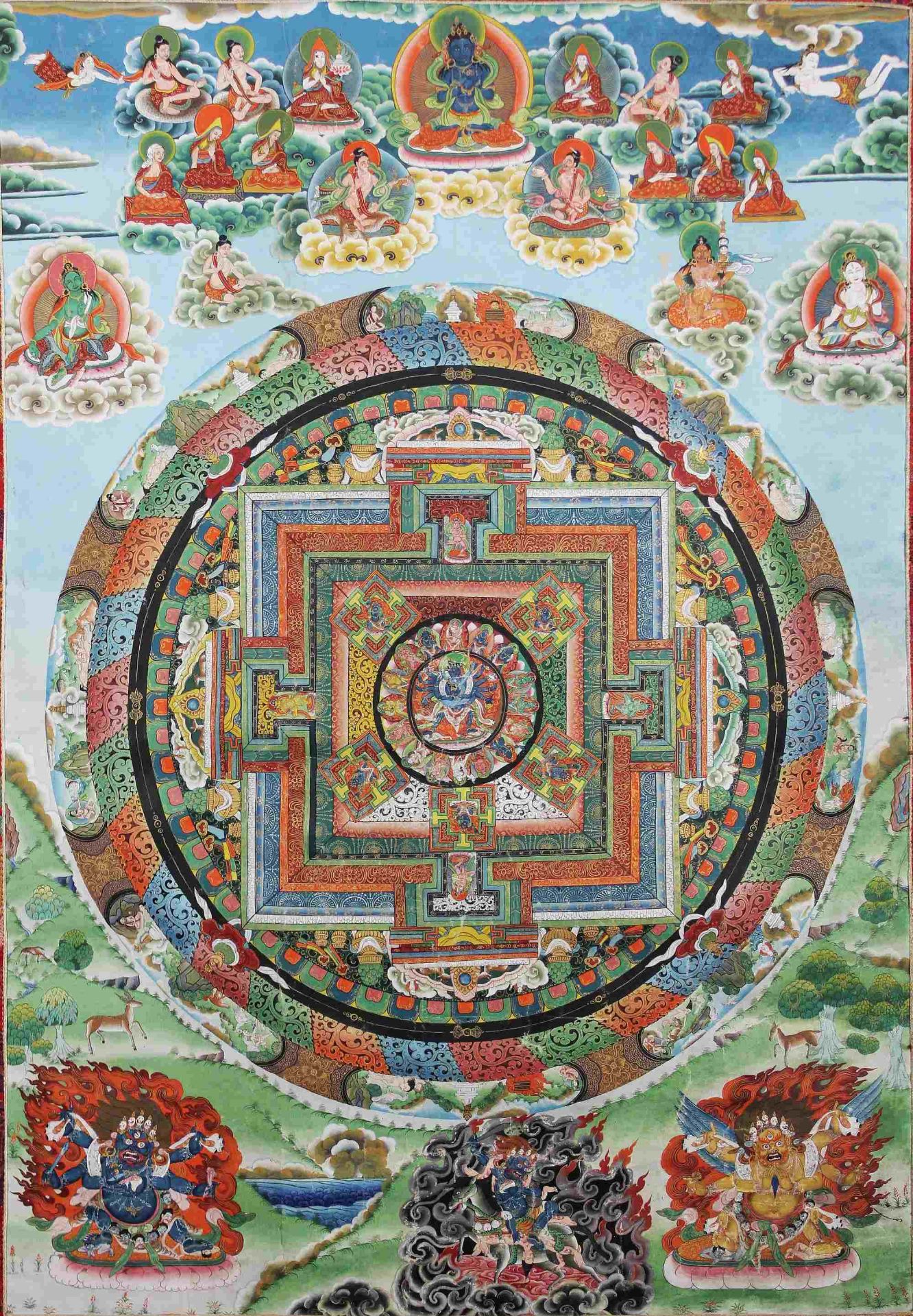 Mandala-Thangka, Tibet/Nepal, 20. Jh., in Brokateinfassung, mit Vorhang, verso signiert, Bildmaße:  - Bild 2 aus 7