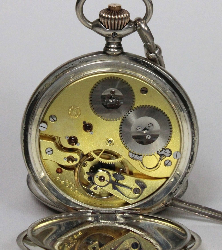 IWC Herrentaschenuhr, 1914, 800er Silber, Punze: Halbmond und Krone, mit silberner Uhrenkette, Mode - Image 4 of 5