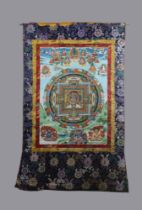 Mandala-Thangka, Tibet/Nepal, 20. Jh., in Brokateinfassung, mit Vorhang, verso signiert, Bildmaße: