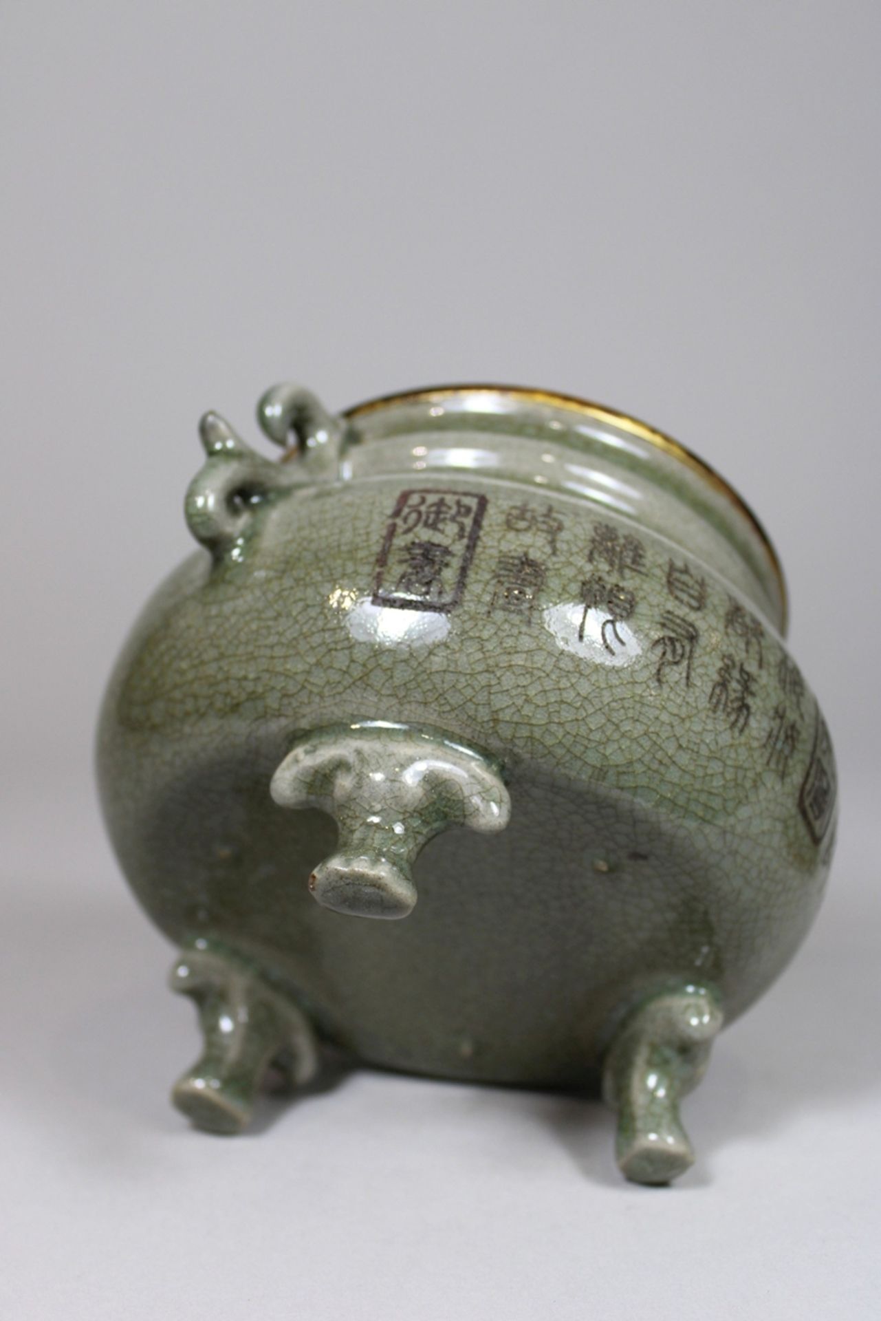Celadon Weihrauchgefäß, China, Porzellan, ohne Marke, kalligrafischen Motiven und Schildkröte Deko, - Bild 5 aus 5