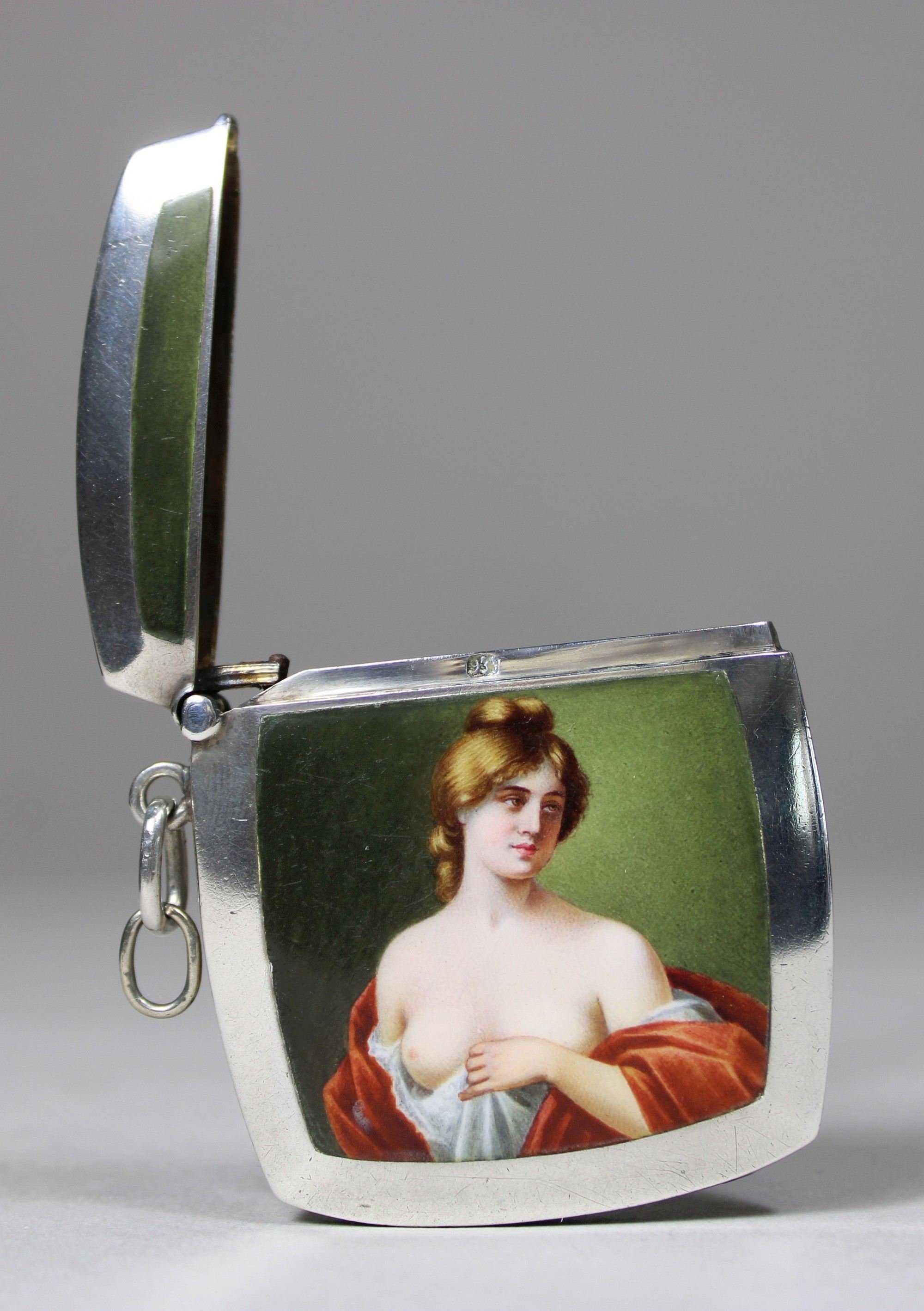 Streichholz-Etui, 935er Silber, mit Emaille Malerei Frauenakt, Gewicht: 36,91g. Guter, altersbeding - Bild 2 aus 3