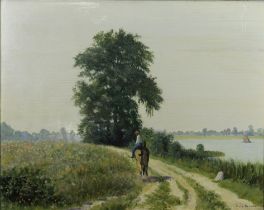 Paula Demmler (deutsch, 1891 - 1959), am Seeufer, Öl auf Hartfaserplatte, unten rechts signiert, Li