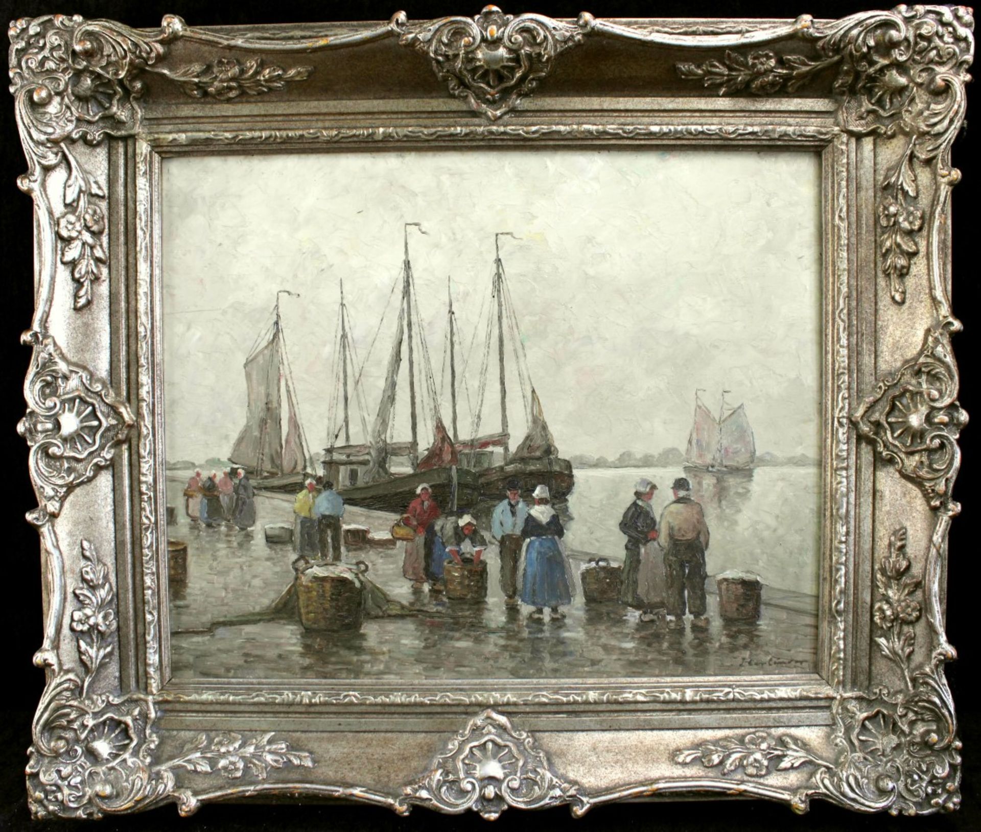 Hans Harländer *1880 Hamburg-1943 Arnstadt "Holländische Hafenszene" Öl/Platte, signiert, 50 x 40 cm