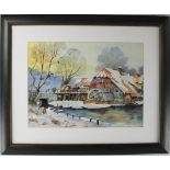 Aquarell "Winterlandschaft mit Wassermühle" unbek.Künstler 20.Jh.