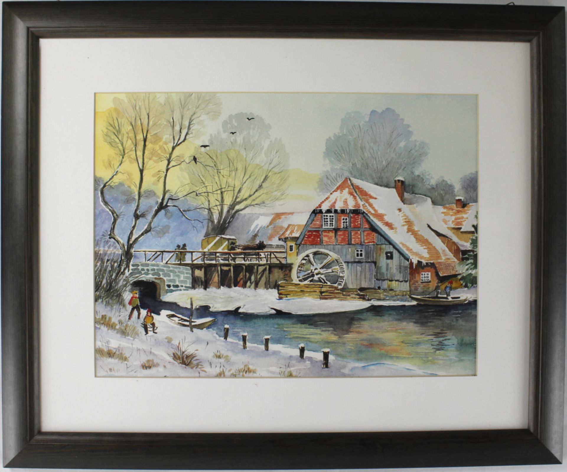 Aquarell "Winterlandschaft mit Wassermühle" unbek.Künstler 20.Jh.