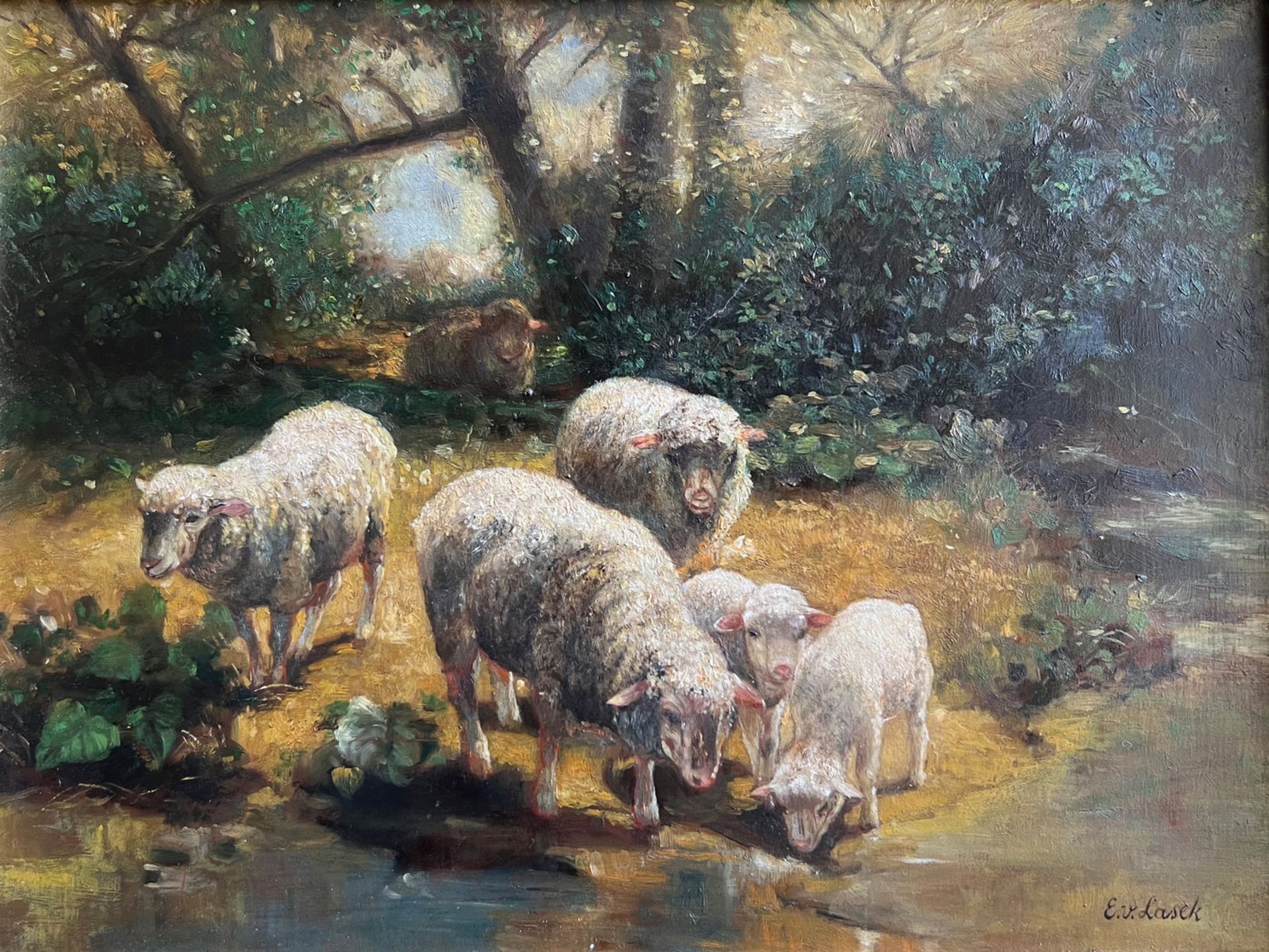 2 Bilder: Eva VON LASEK (1953), Schafe am Gewässer, die Lämmer saufen, signiert, Öl/Malkarton, 17 - Bild 2 aus 6