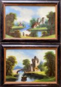 Paar Hinterglasbilder, Landschaften mit Burgruinen an Gewässern und figürlicher Staffage, je 38 x