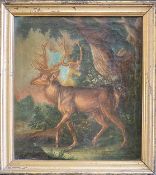Unbekannter Maler, 18./19. Jh., Hirsch mit einem prächtigen Geweih auf einer Waldlichtung, Öl/Lwd.