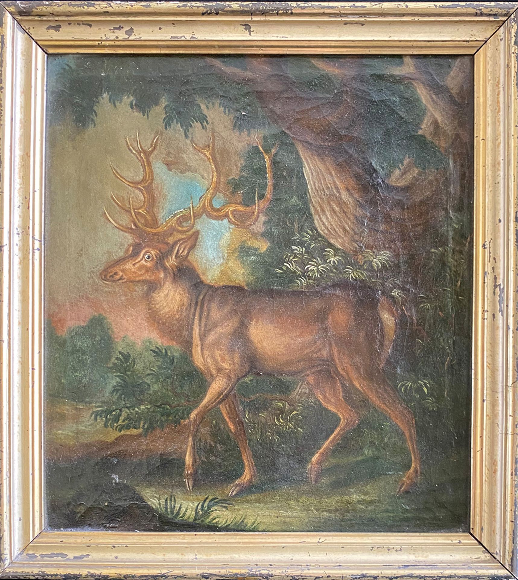Unbekannter Maler, 18./19. Jh., Hirsch mit einem prächtigen Geweih auf einer Waldlichtung, Öl/Lwd.