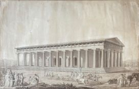Tempel des Hephaistos oder Theseion zu Athen mit Figurenstaffage, Monogramm "JPH", verso Hinweis auf