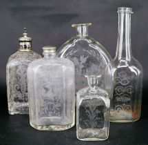 Konvolut Glas, 18./19. Jh.: Jagdflasche (Taschenflasche oder Plattflasche) mit Ätzverzierungen,