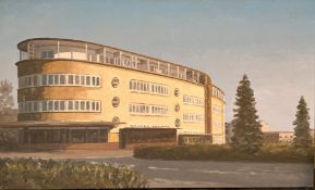 Michael BACH (1953), Sechziger Jahre Gebäude mit Vorplatz und Bäumen, Römerstadt Siedlung