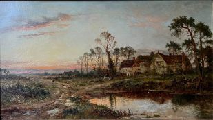 Daniel SHERRIN (1868-1940), Große Landschaft mit Weiher und Gehöften im Abendlicht, signiert, Öl/Lwd