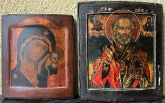2 Ikonen, beide Holz, ohne Sponki, Russland, um 1800: Heiliger Nikolaus mit Pantokrator und