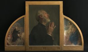 Szoldatics (Rom, 19./20. Jh.), Art Triptychon, mittig die Darstellung eines betenden Geistlichen,