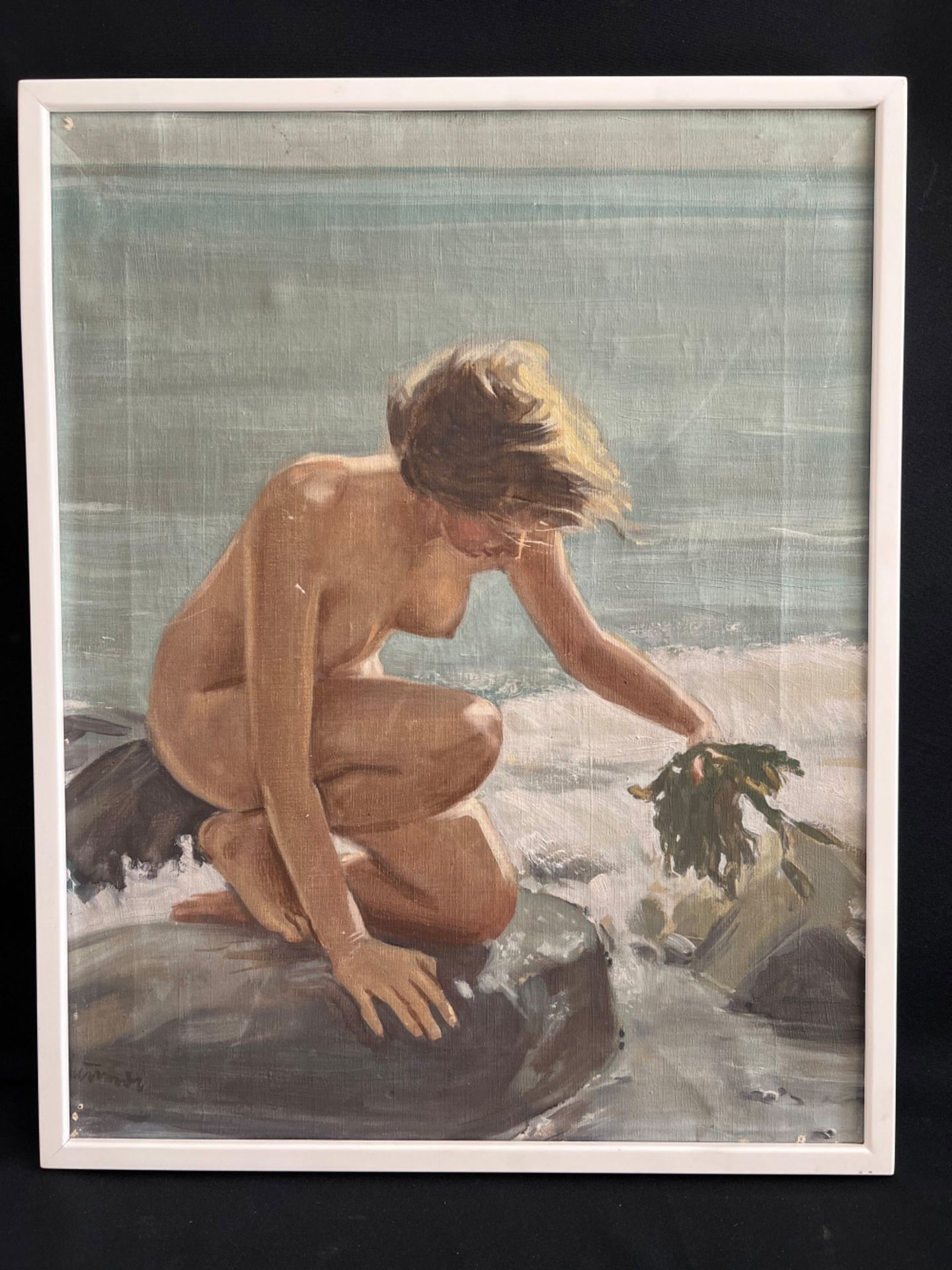 Unbekannter Künstler, Nackte Frau am Meeresufer mit Algen in der Hand, signiert, Öl/Lwd, - Image 4 of 7
