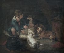 Unbekannter Künstler, 19. Jh., Junger Mann mit einer Schar von Hunden, Öl/Lwd (aufgez.),