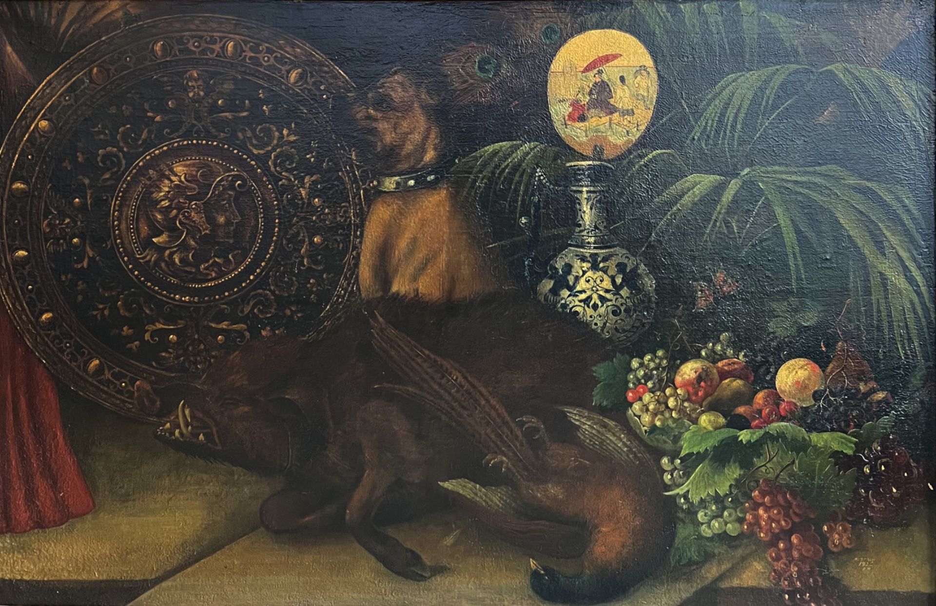 Unbekannter flämischer Künstler, 17. Jh., Großes Stilleben mit Messingteller, totem Wildschwein - Image 3 of 3