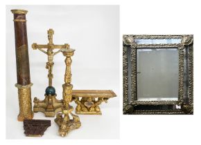 Konvolut religiöser Gegenstände: Kruzifix auf aufwändigem Sockel, geschnitzt, Farb- und Goldfassung,
